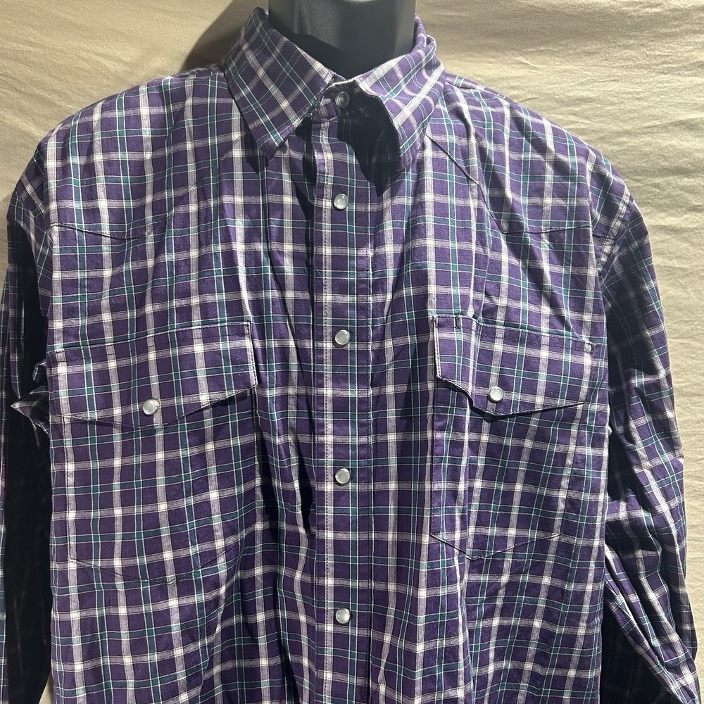 Wrangler Men's XL Western Pearl Snap Shirt Purple Plaid Long Sleeve Stretch